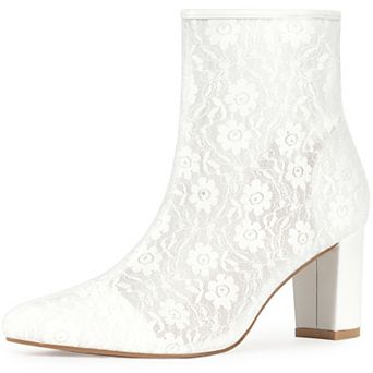 Pointed Toe Block Heels Floral Lace Ankle Boots for Women