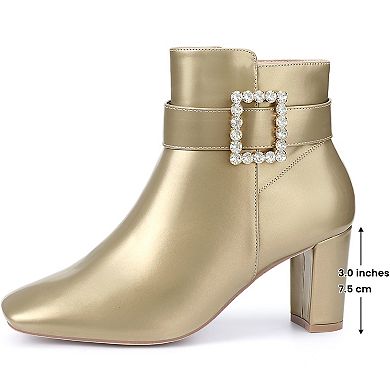 Rhinestone Buckle Decor Square Toe Chunky Heel Ankle Boots for Women