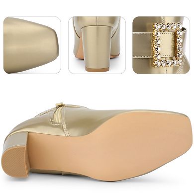 Rhinestone Buckle Decor Square Toe Chunky Heel Ankle Boots for Women