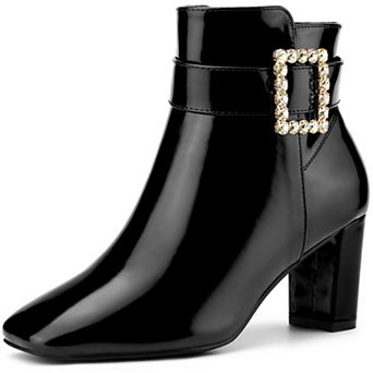 Rhinestone Buckle Decor Square Toe Chunky Heel Ankle Boots for Women