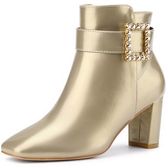 Rhinestone Buckle Decor Square Toe Chunky Heel Ankle Boots for Women