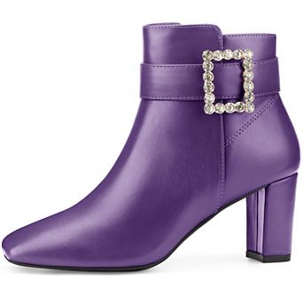 Rhinestone Buckle Decor Square Toe Chunky Heel Ankle Boots for Women
