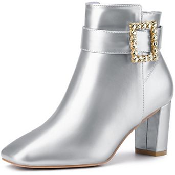Rhinestone Buckle Decor Square Toe Chunky Heel Ankle Boots for Women