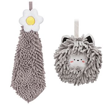 2 pc Chenille Hand Towel, Hanging Bathroom Hand Towels with Loops for Bathroom, Kitchen 7"x7"&6"x15"