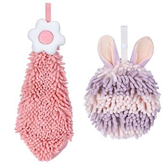 2 pc Chenille Hand Towel, Quick Drying Soft Absorbent Decorative Hand Towels with Loops 7"x7"&6"x15"