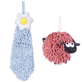 2 pc Chenille Hand Towel, Absorbent Fast Drying Hanging Bathroom Hand Towels with Loops 7"x7"&6"x15"