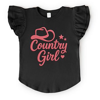Country Girl Hat Puff Print - Flutter Sleeve Graphic T-Shirt