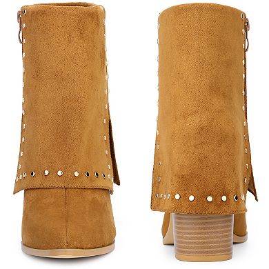 Fold Over Pointy Toe Block Heel Mid-Calf Boots for Women