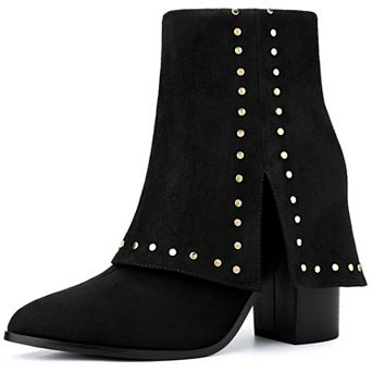Fold Over Pointy Toe Block Heel Mid-Calf Boots for Women