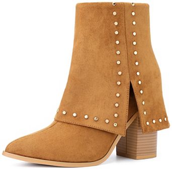 Fold Over Pointy Toe Block Heel Mid-Calf Boots for Women