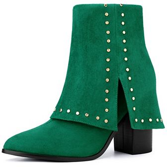 Fold Over Pointy Toe Block Heel Mid-Calf Boots for Women