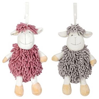 2 pc Cute Sheep Chenille Decorative Hand Towels, Cartoon Animal Hanging Fuzzy Ball Hand Towel 9"x13"