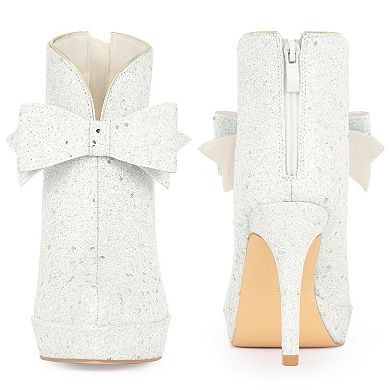 Glitter Bow Stiletto Heel with Platform Ankle Boots for Women