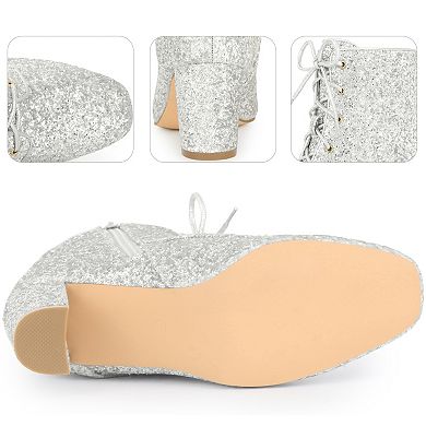 Lace Up Square Toe Sparkly Glitter Block Heels Ankle Boots for Women