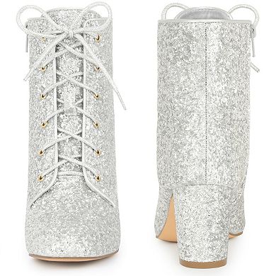 Lace Up Square Toe Sparkly Glitter Block Heels Ankle Boots for Women