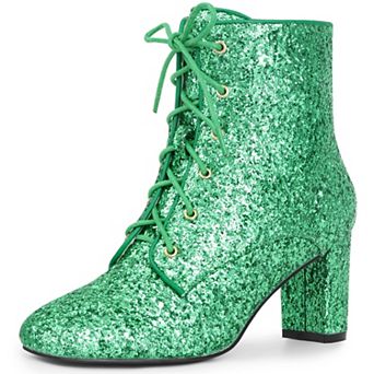 Lace Up Square Toe Sparkly Glitter Block Heels Ankle Boots for Women