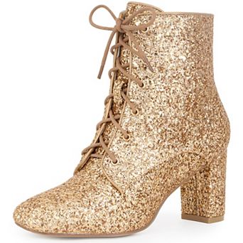 Lace Up Square Toe Sparkly Glitter Block Heels Ankle Boots for Women