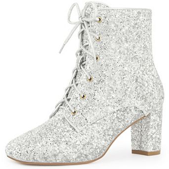 Lace Up Square Toe Sparkly Glitter Block Heels Ankle Boots for Women