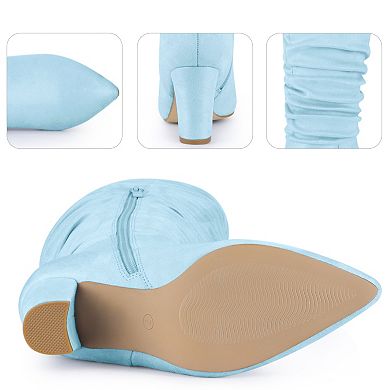 Wrinkled Pointed Toe Chunky Heel Knee High Boots for Women