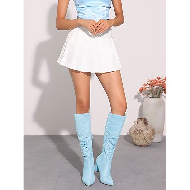 Wrinkled Pointed Toe Chunky Heel Knee High Boots for Women