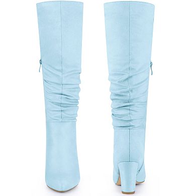 Wrinkled Pointed Toe Chunky Heel Knee High Boots for Women