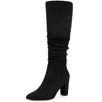 Wrinkled Pointed Toe Chunky Heel Knee High Boots for Women