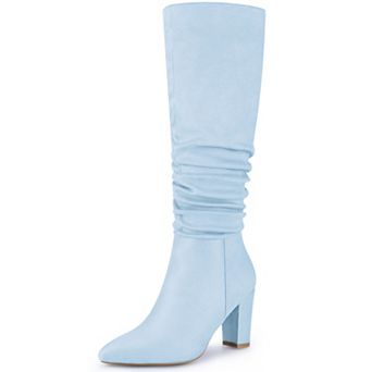 Wrinkled Pointed Toe Chunky Heel Knee High Boots for Women