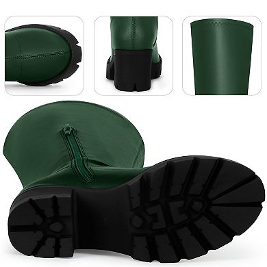 Platform Lug Sole Thigh High Round Toe Chunky Heels Boots for Women