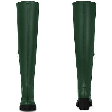 Platform Lug Sole Thigh High Round Toe Chunky Heels Boots for Women