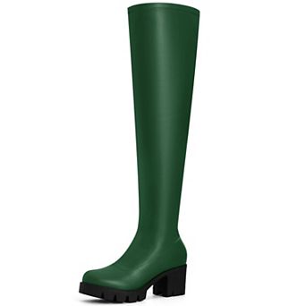 Platform Lug Sole Thigh High Round Toe Chunky Heels Boots for Women