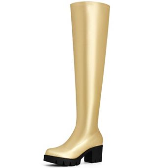 Platform Lug Sole Thigh High Round Toe Chunky Heels Boots for Women