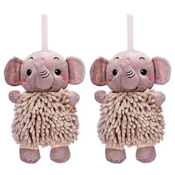 2 pc Chenille Hand Towels, Cute Cartoon Elephant Plush Ball Hand Towel with Hanging Loop 7"x11"