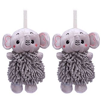2 pc Chenille Hand Towels, Cute Cartoon Elephant Plush Ball Hand Towel with Hanging Loop 7"x11"