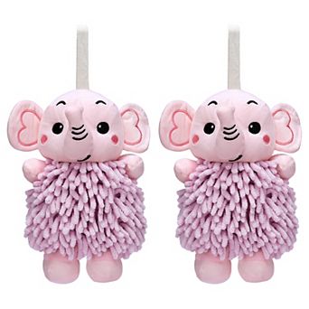 2 pc Chenille Hand Towels, Cute Cartoon Elephant Plush Ball Hand Towel with Hanging Loop 7"x11"