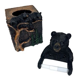 Set of 2 Bear Tissue Box Cover & Toilet Paper Holder, Resin, Rustic Lodge