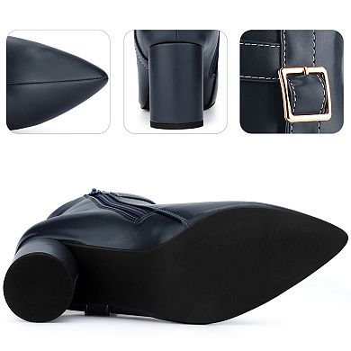 Women's Ankle Boots Pointed Toe Chunky Block Heel Side Zipper Dressy Booties