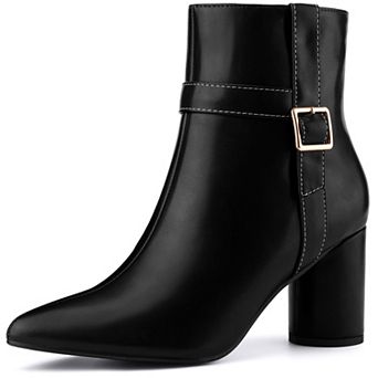 Women's Ankle Boots Pointed Toe Chunky Block Heel Side Zipper Dressy Booties