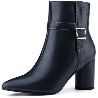 Women's Ankle Boots Pointed Toe Chunky Block Heel Side Zipper Dressy Booties