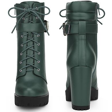 Platform Lace Up Chunky Heel Buckle Ankle Combat Boots for Women