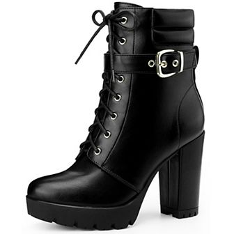 Platform Lace Up Chunky Heel Buckle Ankle Combat Boots for Women