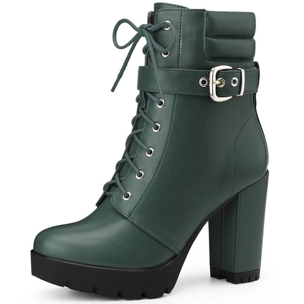 Platform Lace Up Chunky Heel Buckle Ankle Combat Boots for Women