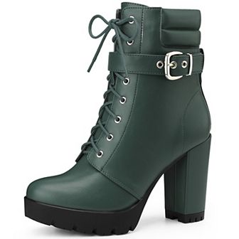 Platform Lace Up Chunky Heel Buckle Ankle Combat Boots for Women