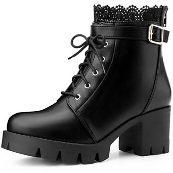 Platform Heel Lace Boot Chunky Heels Combat Boots for Women