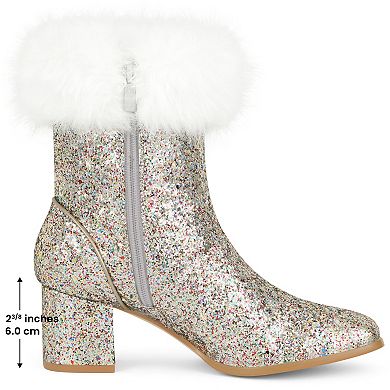 Women's Sequin Glitter Square Toe Chunky Heel Faux Fur Plush Ankle Boots