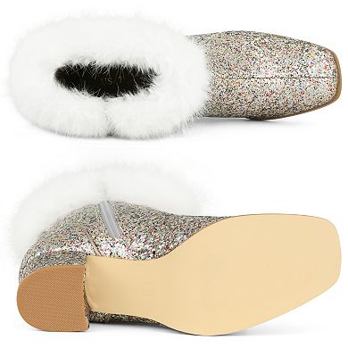 Women's Sequin Glitter Square Toe Chunky Heel Faux Fur Plush Ankle Boots