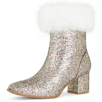 Women's Sequin Glitter Square Toe Chunky Heel Faux Fur Plush Ankle Boots
