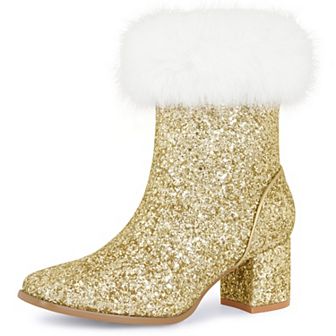 Women's Sequin Glitter Square Toe Chunky Heel Faux Fur Plush Ankle Boots
