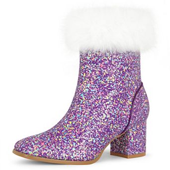 Women's Sequin Glitter Square Toe Chunky Heel Faux Fur Plush Ankle Boots