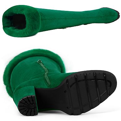 Women's Platform Faux Fur Zipper Chunky Heel Over Knee Thigh High Boots