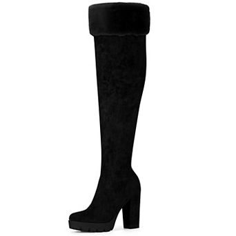 Women's Platform Faux Fur Zipper Chunky Heel Over Knee Thigh High Boots